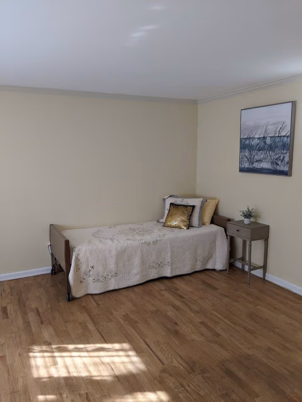 A simple bedroom with a single bed dressed in a beige quilt, decorative pillows, a small bedside table with a plant, and framed artwork on a pale yellow wall.