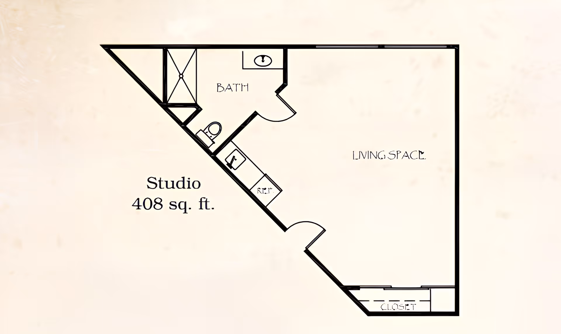 Floor plan of a studio apartment with 408 square feet, showing a bath, living space, kitchen area with sink and refrigerator, and a closet.