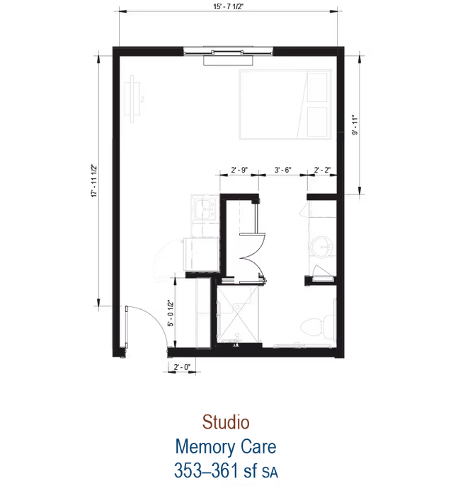Black architectural floor plan of a studio memory care apartment showing a bed, kitchenette, bathroom, and dimensions.