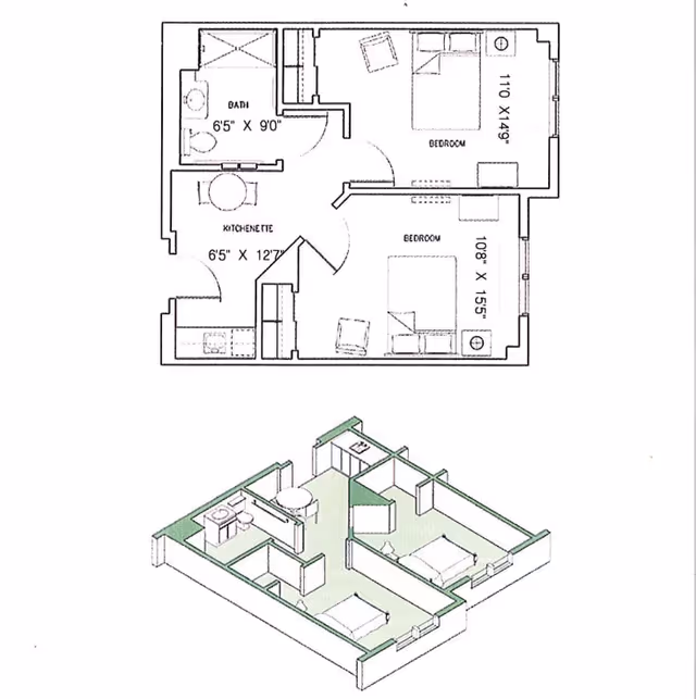 Architectural floor plan and 3D layout of a senior living unit at Braemar at Wallkill, showing two bedrooms, a bathroom, and a kitchenette area with dimensions labeled.