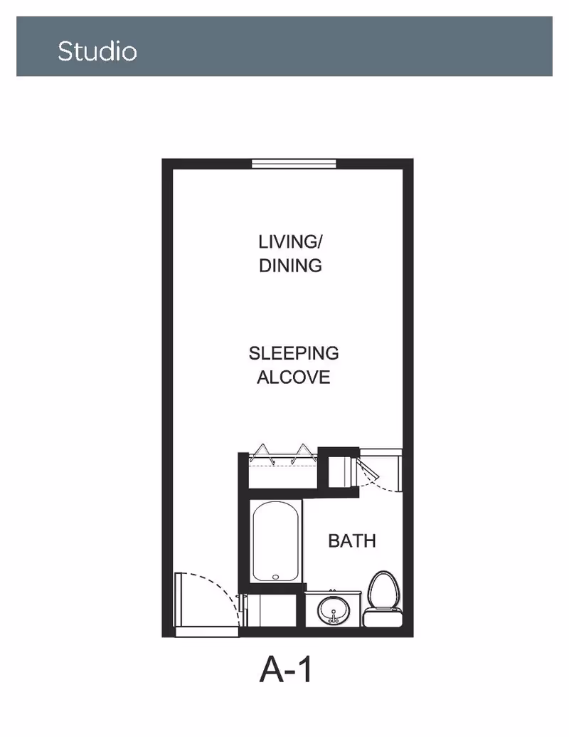 A floor plan of a studio apartment featuring a living/dining area, sleeping alcove, and a bathroom layout.