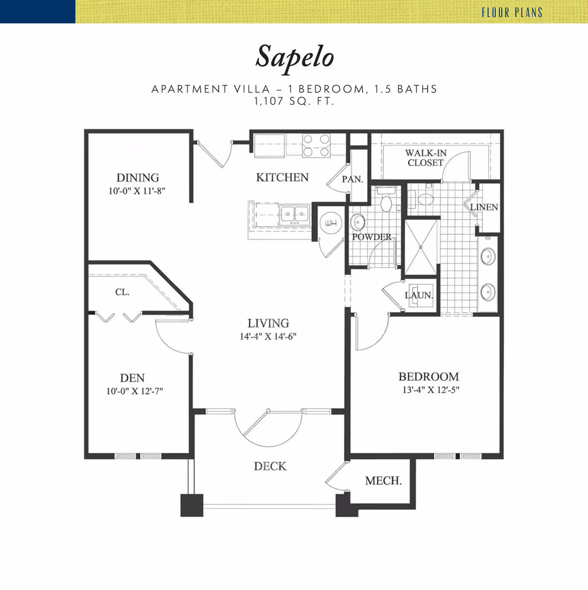 Floor plan titled 'Sapelo' showing a one-bedroom, 1.5-bath apartment layout with living room, kitchen, dining, den, bedroom, bathroom, walk-in closet, and deck.