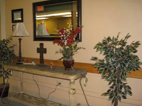 Interior hallway with a console table, mirror, lamp, plants, and decorative items.