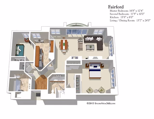 3D floor plan of an apartment named Fairford showing a master bedroom with two chairs and a small table, a second bedroom with a bed and desk, a kitchen with appliances and cabinets, a living and dining room area with a dining table, sofa, armchair, and coffee table, and two bathrooms. Room dimensions are listed on the top right.