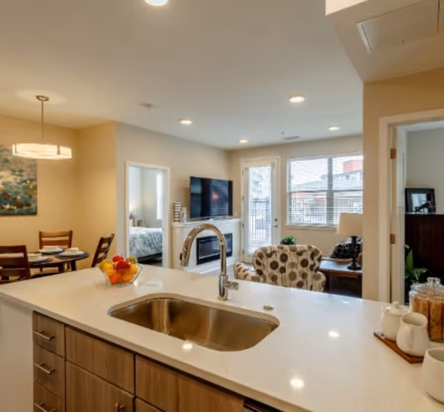 Open-plan kitchen island with a sink overlooking a bright living room and dining area.