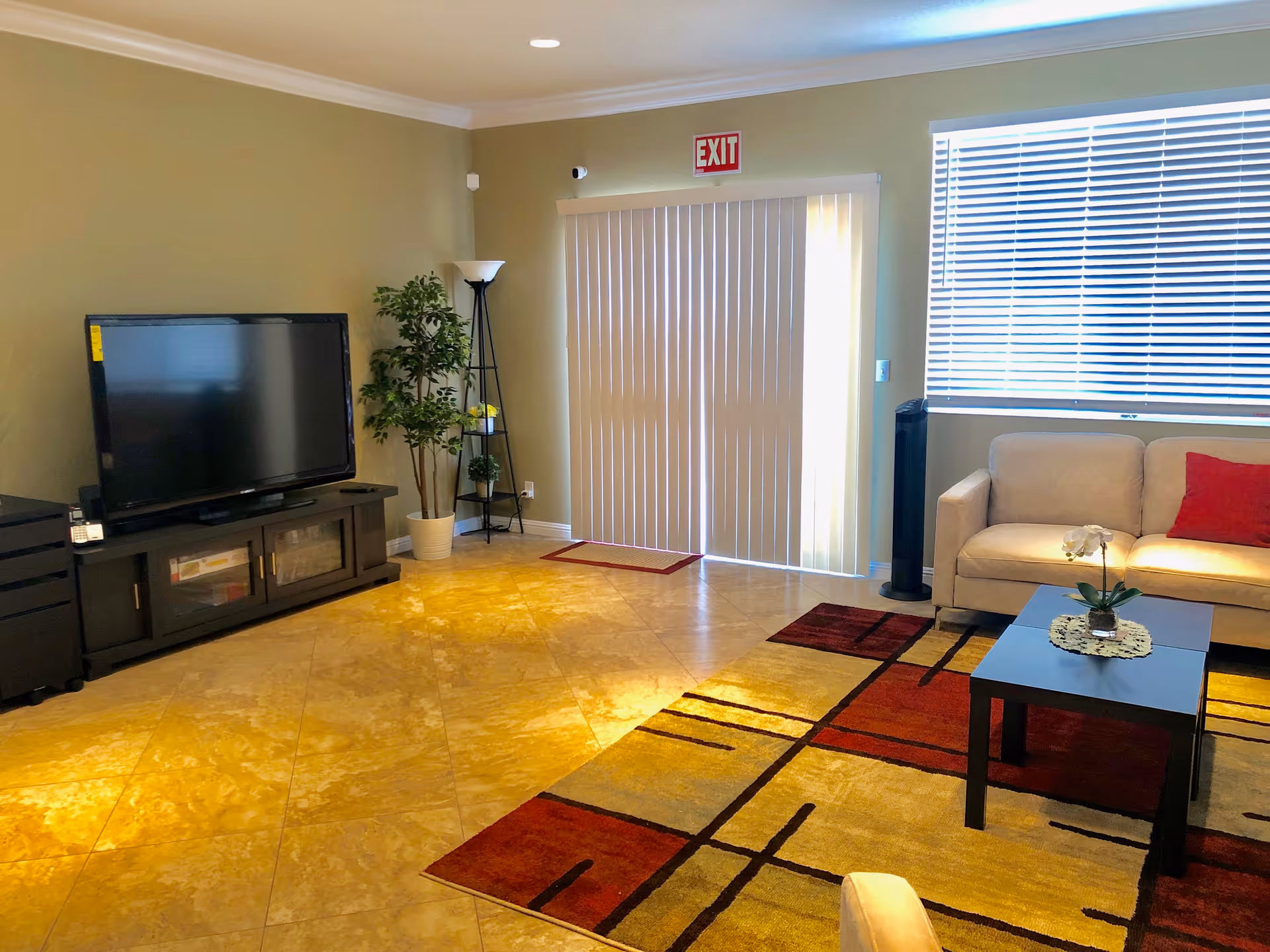 A living room with a beige couch adorned with a red pillow, a black coffee table with a small plant on a doily, a colorful area rug with red, yellow, and black patterns, a large flat-screen TV on a dark wooden TV stand, a tall potted plant, a floor lamp, vertical blinds covering a sliding glass door with an exit sign above, and a window with horizontal blinds.