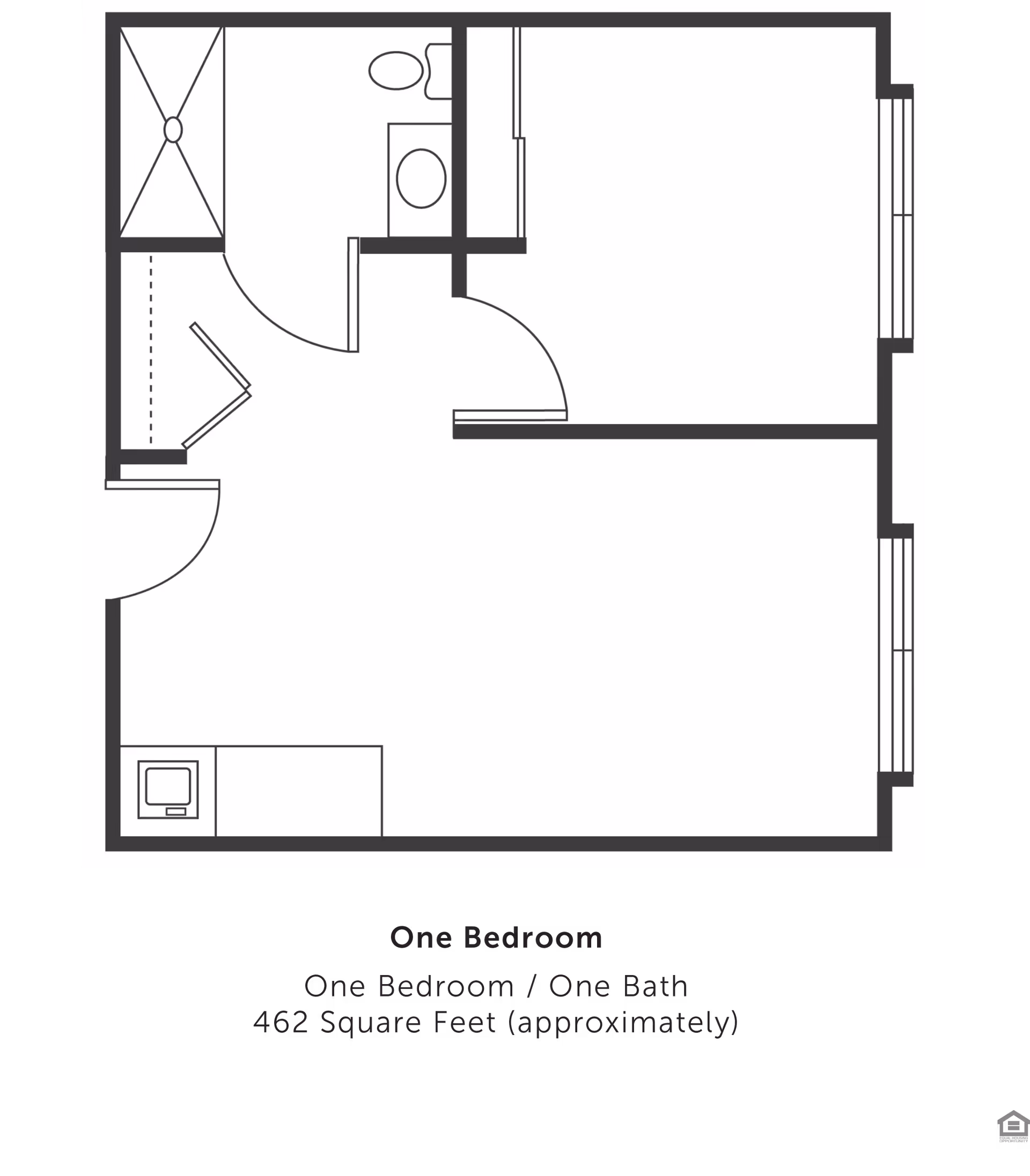 Floor plan of a one-bedroom, one-bath apartment with approximately 462 square feet. The layout includes a bedroom, a bathroom with a shower, toilet, and sink, and an open living area with a kitchen section.