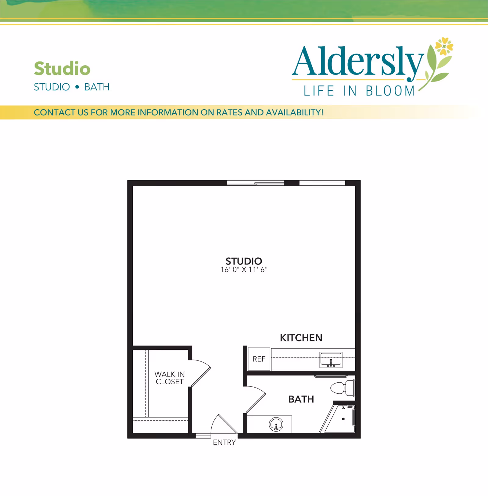 Floor plan of a studio apartment at Aldersly showing a studio area measuring 16 feet by 11 feet 6 inches, a walk-in closet, a kitchen with a refrigerator and sink, and a bathroom with a sink, toilet, and shower. The entry door leads into the studio space.