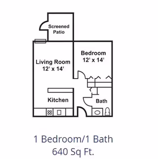 Floor plan of a 1 bedroom, 1 bathroom apartment with 640 square feet. The layout includes a screened patio, living room measuring 12 by 14 feet, bedroom measuring 12 by 14 feet, kitchen, and bathroom.