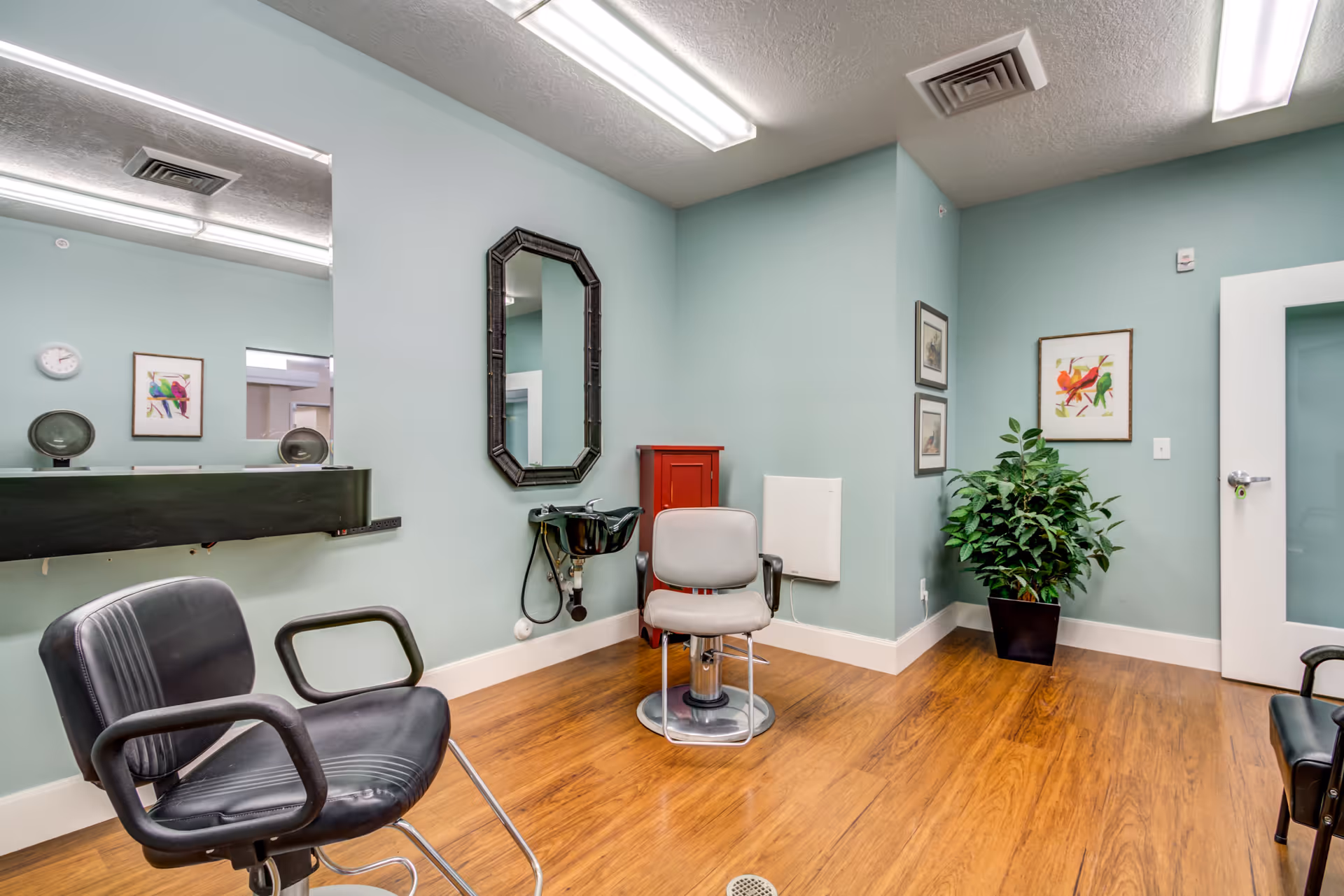 Interior of a senior living facility hair salon with two black salon chairs and one gray salon chair in front of a large mirror. The room has light blue walls, wooden flooring, framed artwork on the walls, a potted plant, and bright overhead lighting.