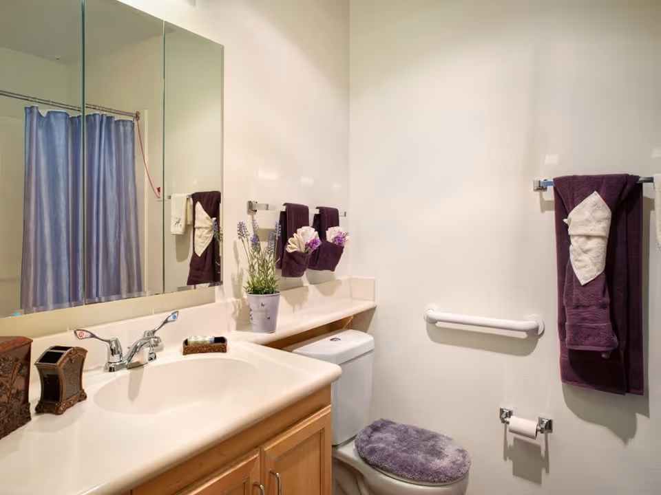 A clean bathroom with a white sink and countertop, a large mirror above the sink, a toilet with a purple fuzzy seat cover, and purple towels hanging on towel racks. There is a small potted plant with purple flowers on the countertop and a shower curtain visible in the mirror reflection.