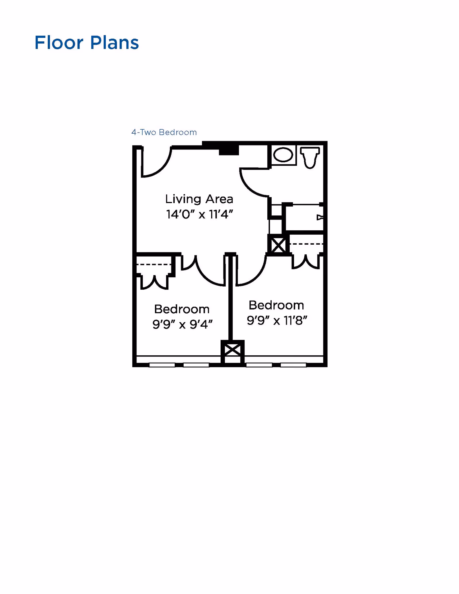 Floor plan of a two-bedroom apartment showing a living area measuring 14 feet by 11 feet 4 inches, one bedroom measuring 9 feet 9 inches by 9 feet 4 inches, a second bedroom measuring 9 feet 9 inches by 11 feet 8 inches, and a bathroom.