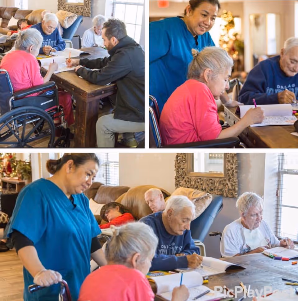 A collage of three images showing elderly residents at Starlight Homes engaged in coloring activities at a wooden table. A caregiver in blue scrubs is assisting and interacting with the residents, who are seated around the table, some in wheelchairs. The room is warmly lit with large windows and comfortable furniture in the background.