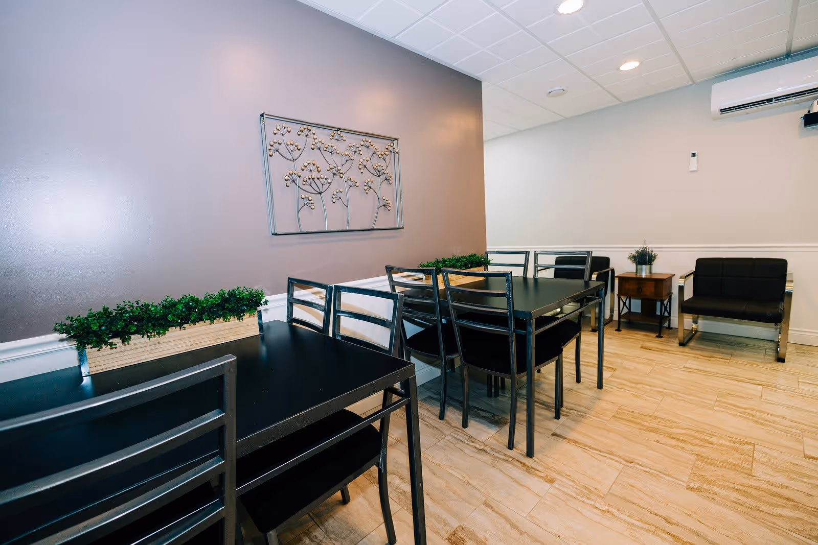 A small dining area with black metal tables and chairs, a decorative wall art piece with a floral design, potted plants on the tables and a small wooden side table with a plant. The room has light-colored wood flooring, white and gray walls, and a ceiling-mounted air conditioning unit.