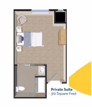 Floor plan of a private suite at YOURLife of Pensacola showing a bedroom area with a bed, two nightstands, a chair, and a dresser. The suite also includes a bathroom with a toilet, sink, and shower. The total area is 312 square feet.