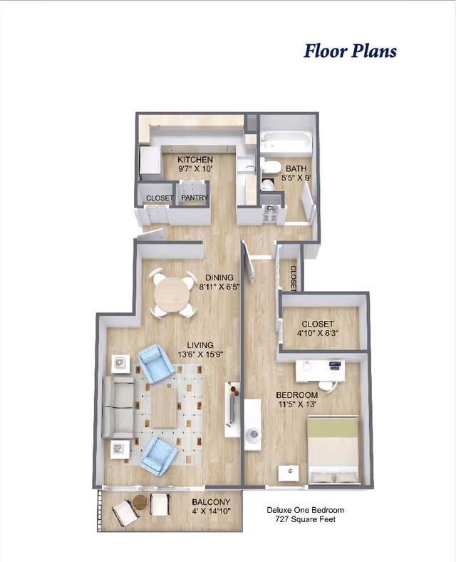 3D floor plan of a deluxe one-bedroom apartment with labeled kitchen, bath, living, dining, bedroom, closets, and balcony.