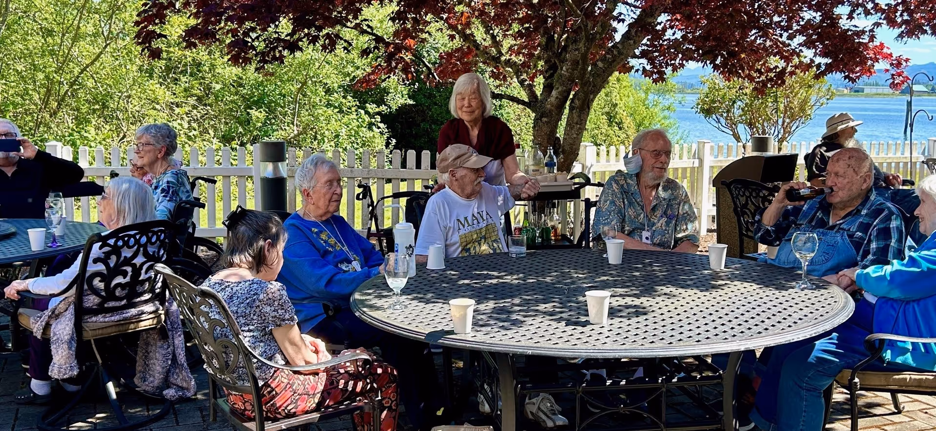 A group of elderly people sitting around a large outdoor metal table under a tree with red leaves. They are engaged in conversation and enjoying drinks. In the background, there is a white picket fence, green trees, and a body of water under a clear blue sky.
