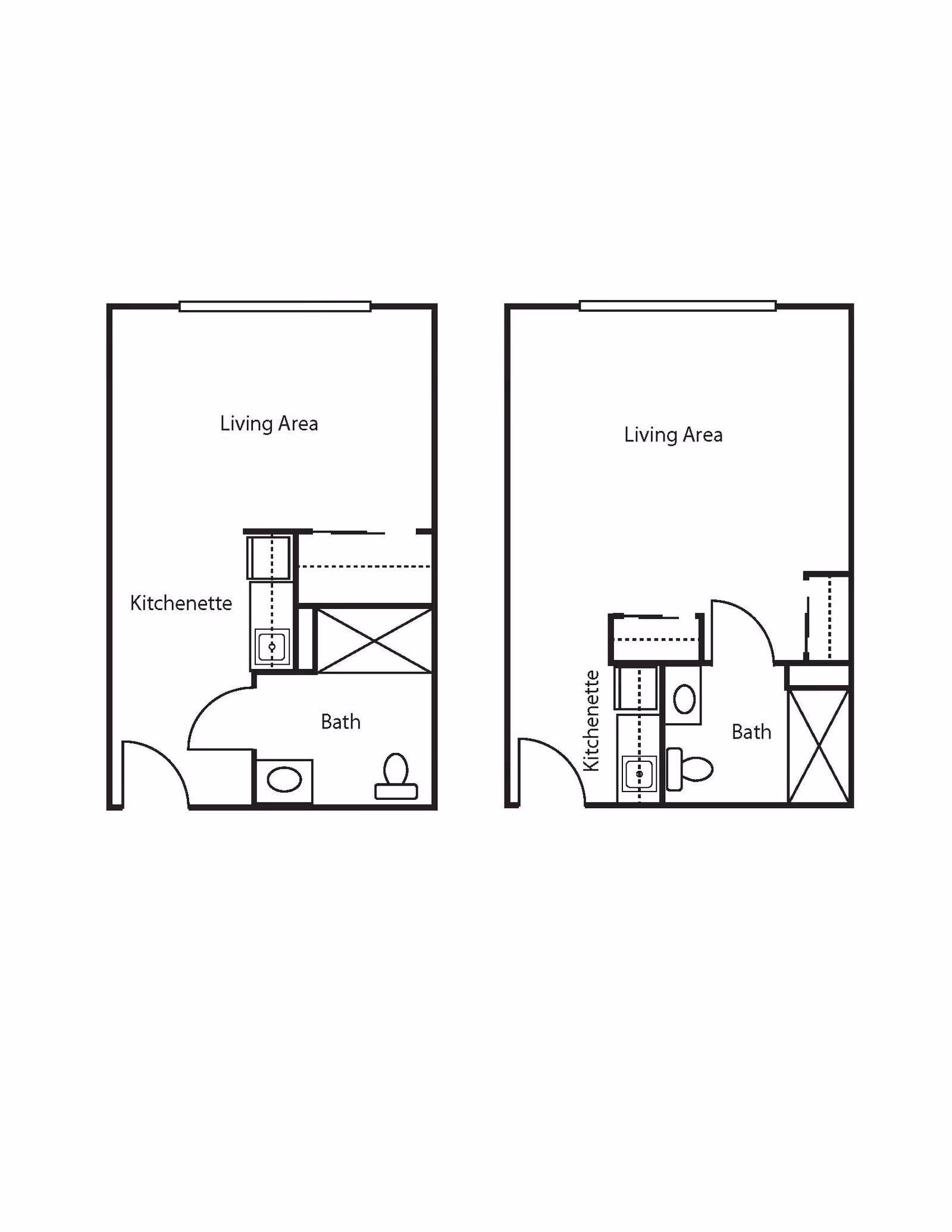 Architectural floor plan showing two studio apartment layouts each with a living area, kitchenette, and bathroom.