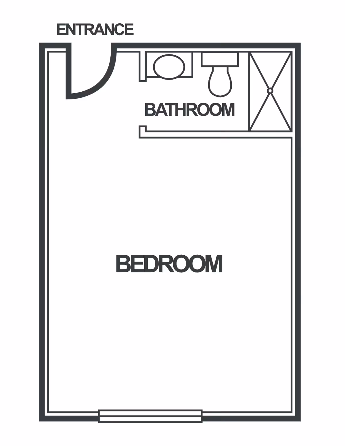 Floor plan layout showing an entrance leading into a bedroom area with an attached bathroom that includes a sink, toilet, and shower.