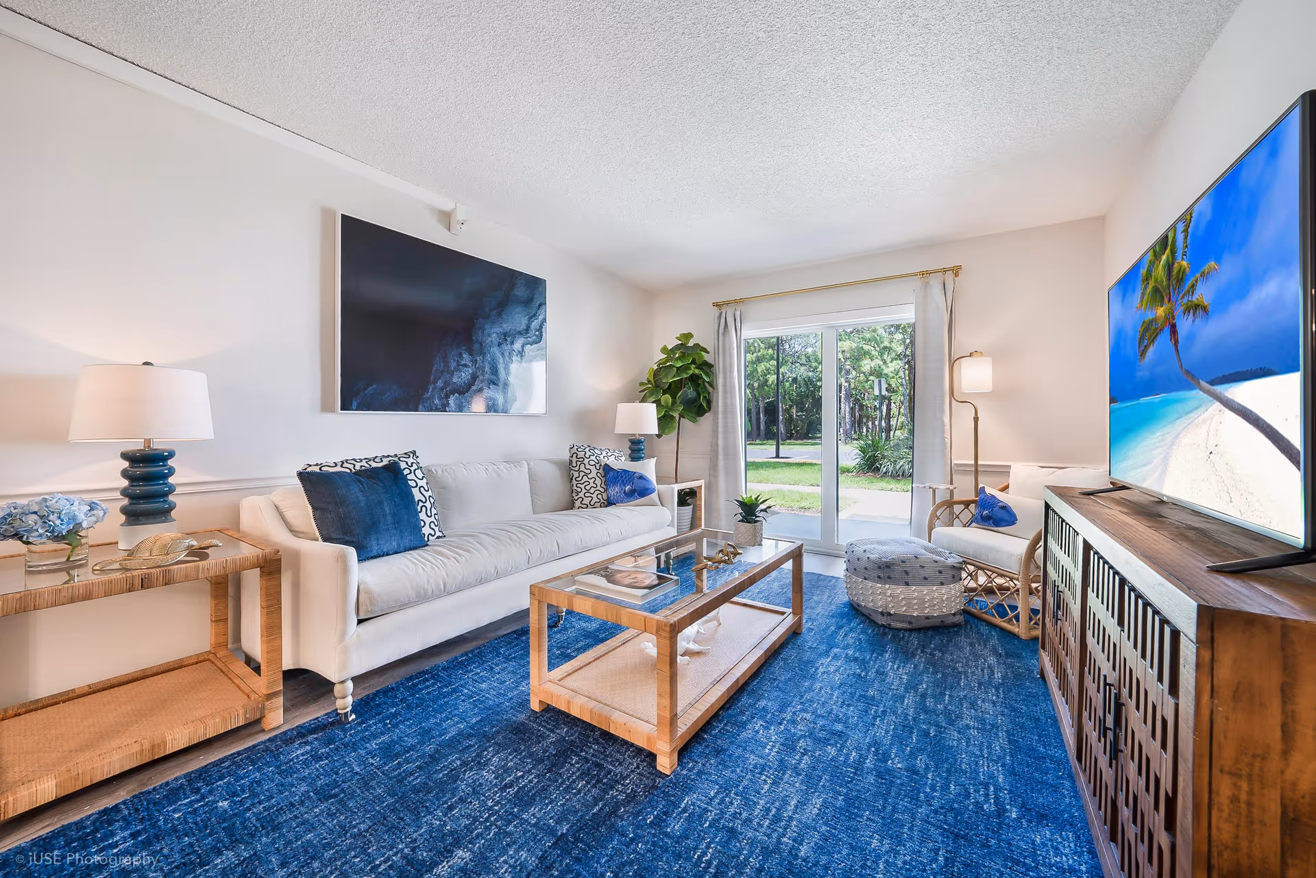 Bright furnished living room with a white sofa, blue rug, glass coffee table and large TV facing sliding glass doors to a grassy patio.