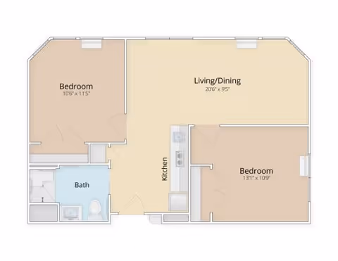 Floor plan diagram of a two-bedroom, one-bath apartment showing labeled living/dining, kitchen, bedrooms and bath.