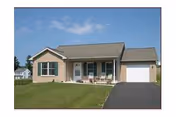 A single-story brick building with a front porch, driveway, and small lawn.