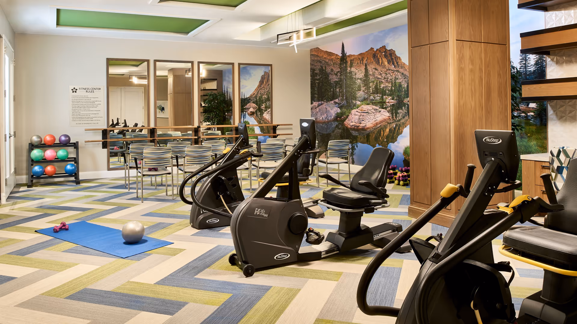A well-lit fitness center with exercise equipment including recumbent bikes and elliptical machines. There is a blue exercise mat with a silver exercise ball and purple dumbbells on the floor. The room features a colorful patterned carpet, large mirrors on one wall, and a scenic nature mural with mountains and trees on another wall. A rack with colorful exercise balls is visible in the corner.