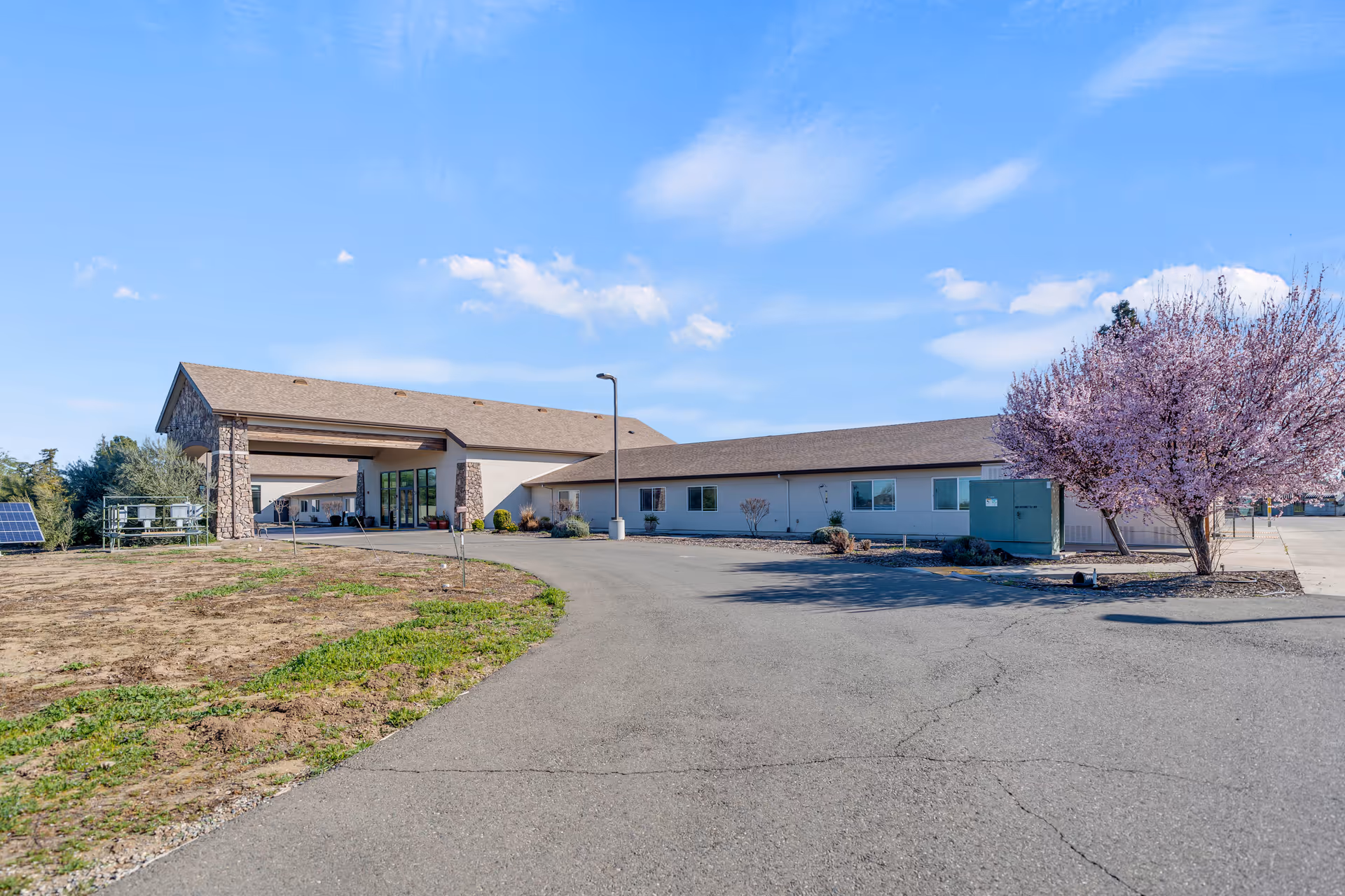 Single-story senior living building with a covered entrance, curved driveway, and a blooming pink tree under a blue sky.