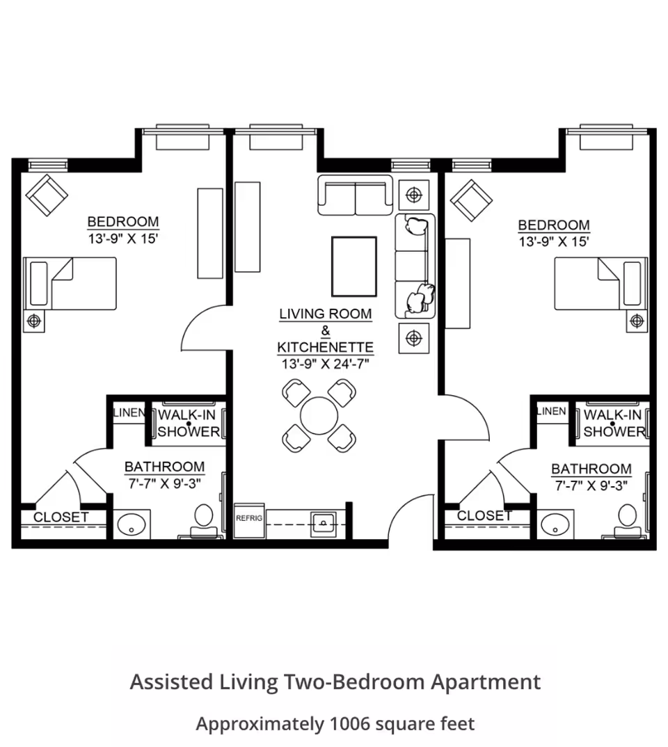 Floor plan of an assisted living two-bedroom apartment at Our Lady of Hope Health Center, showing an approximate area of 1006 square feet with labeled rooms including bedrooms, bathrooms, kitchen, living area, and closets.