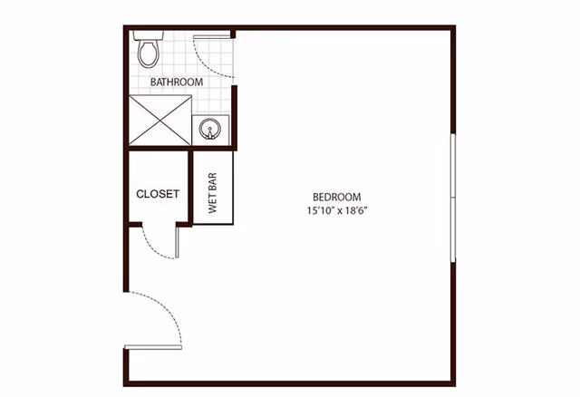 Floor plan of a studio-style unit showing a large bedroom (15 ft 10 in × 18 ft 6 in), bathroom, closet, and wet bar.