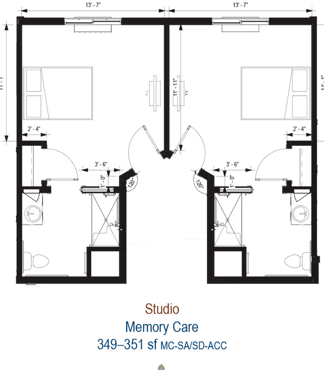 Architectural floor plan of two mirrored studio memory care units showing room layouts, measurements, and the label 'Studio Memory Care 349–351 sf'.