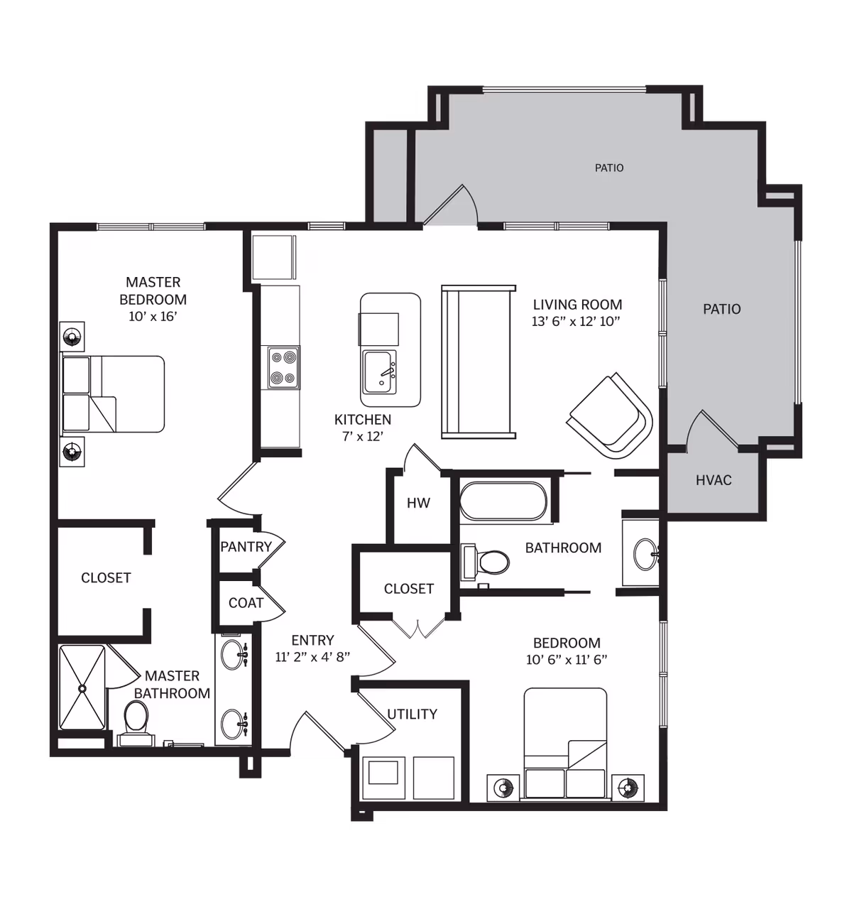 Black-and-white floor plan of a two-bedroom apartment showing labeled rooms (master bedroom, bedroom, kitchen, living room, bathrooms, pantry, utility) and a patio.