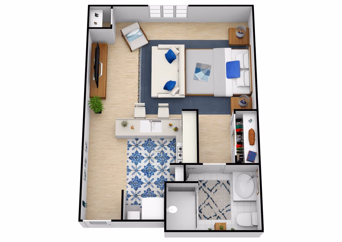 3D floor plan of a studio apartment featuring a combined living and sleeping area with a bed, sofa, armchair, and TV. The kitchen area includes a counter with two stools, a sink, and a stove, with a patterned blue and white rug on the floor. There is a walk-in closet adjacent to the sleeping area. The bathroom has a bathtub, toilet, and sink with a patterned rug on the floor.