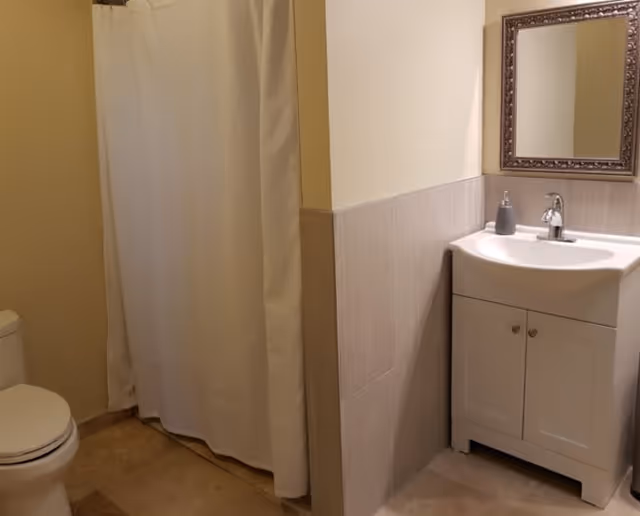 A bathroom featuring a white toilet, a shower with a white curtain, and a white vanity with a sink and a decorative framed mirror above it. The walls are partially tiled and painted in a light color.