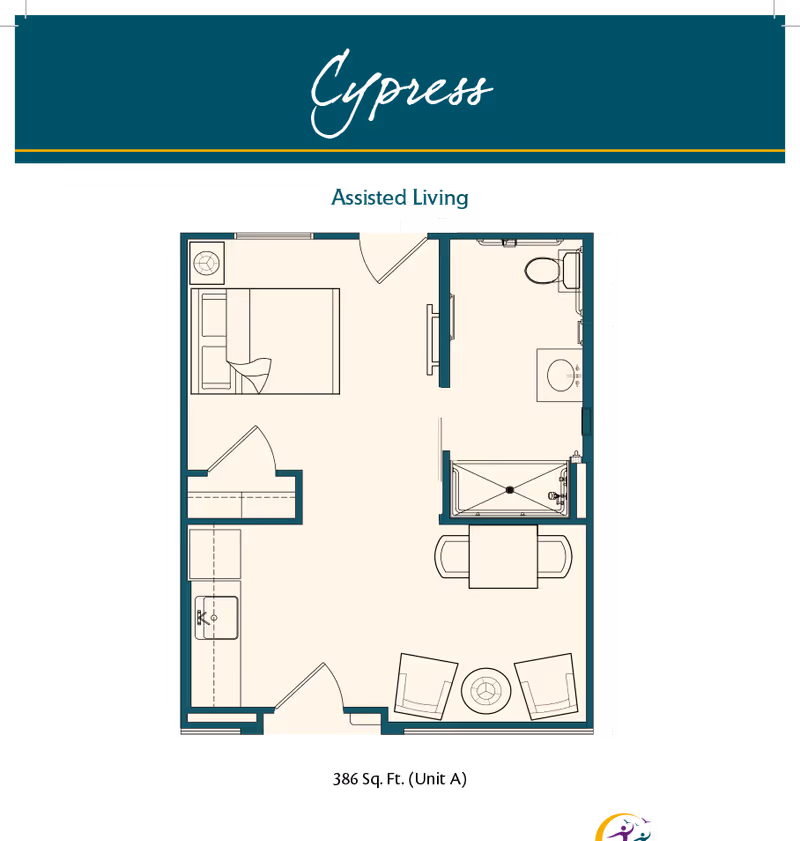 Floor plan titled "Cypress" for an assisted living studio showing a bed area, kitchenette, seating area, and bathroom.
