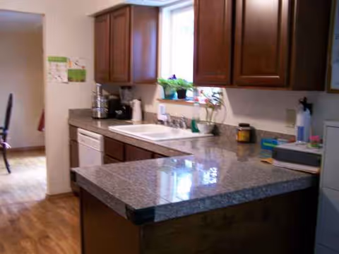 Kitchen with granite island, wooden cabinets, sink, dishwasher, and potted plants by the window.