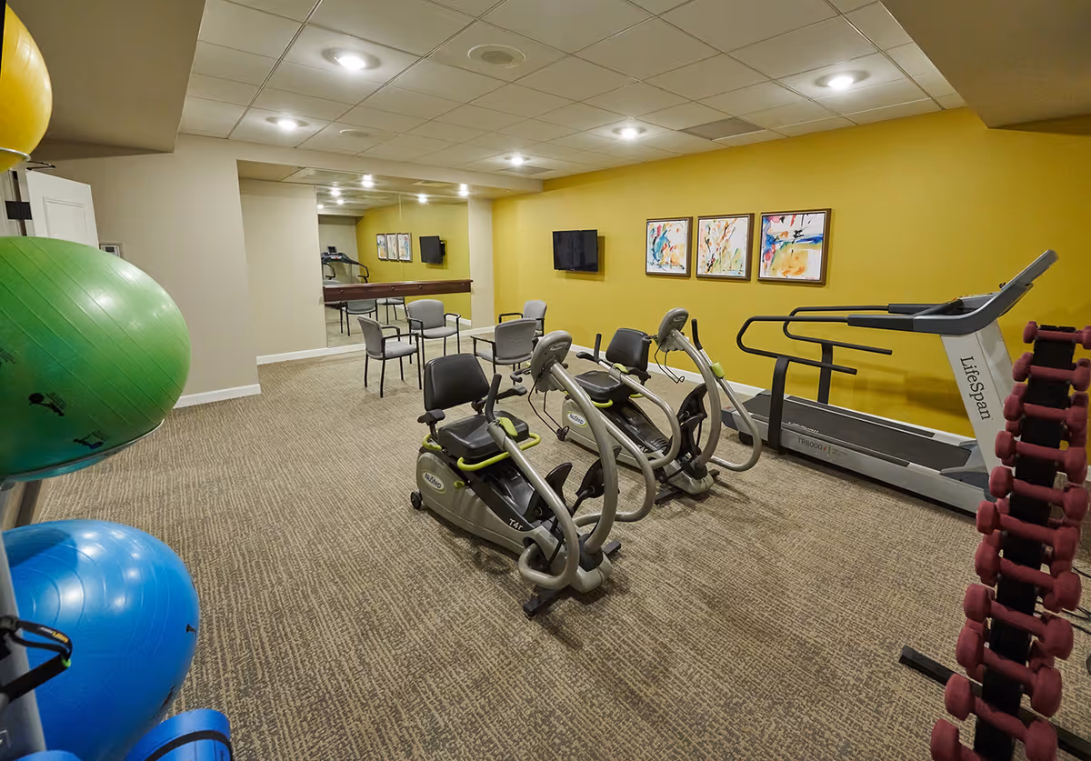 A fitness room with exercise equipment including two recumbent bikes, a treadmill, and a rack of red dumbbells. There are colorful exercise balls on a rack to the left, a yellow wall with three abstract paintings, a wall-mounted TV, and a few chairs arranged near a mirrored wall.