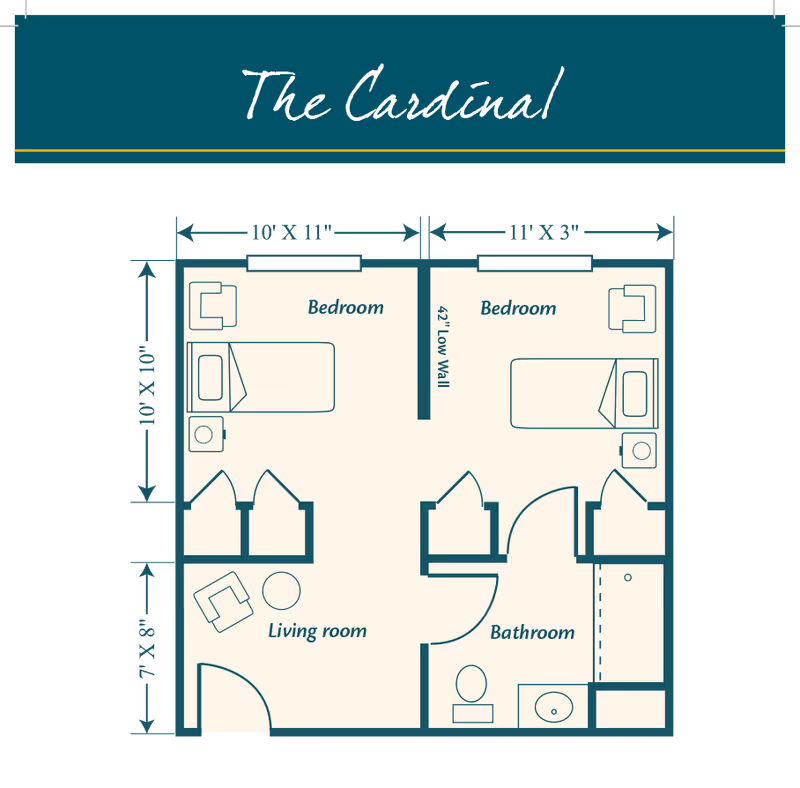 Floor plan titled 'The Cardinal' showing two bedrooms, a living room, and a bathroom. The left bedroom measures 10 feet by 11 feet and contains a bed, chair, and nightstand. The right bedroom measures 11 feet by 3 inches and contains a bed and nightstand. The living room measures 7 feet by 8 inches and contains a chair and small table. The bathroom includes a toilet, sink, and shower area. Dimensions and wall details are labeled.