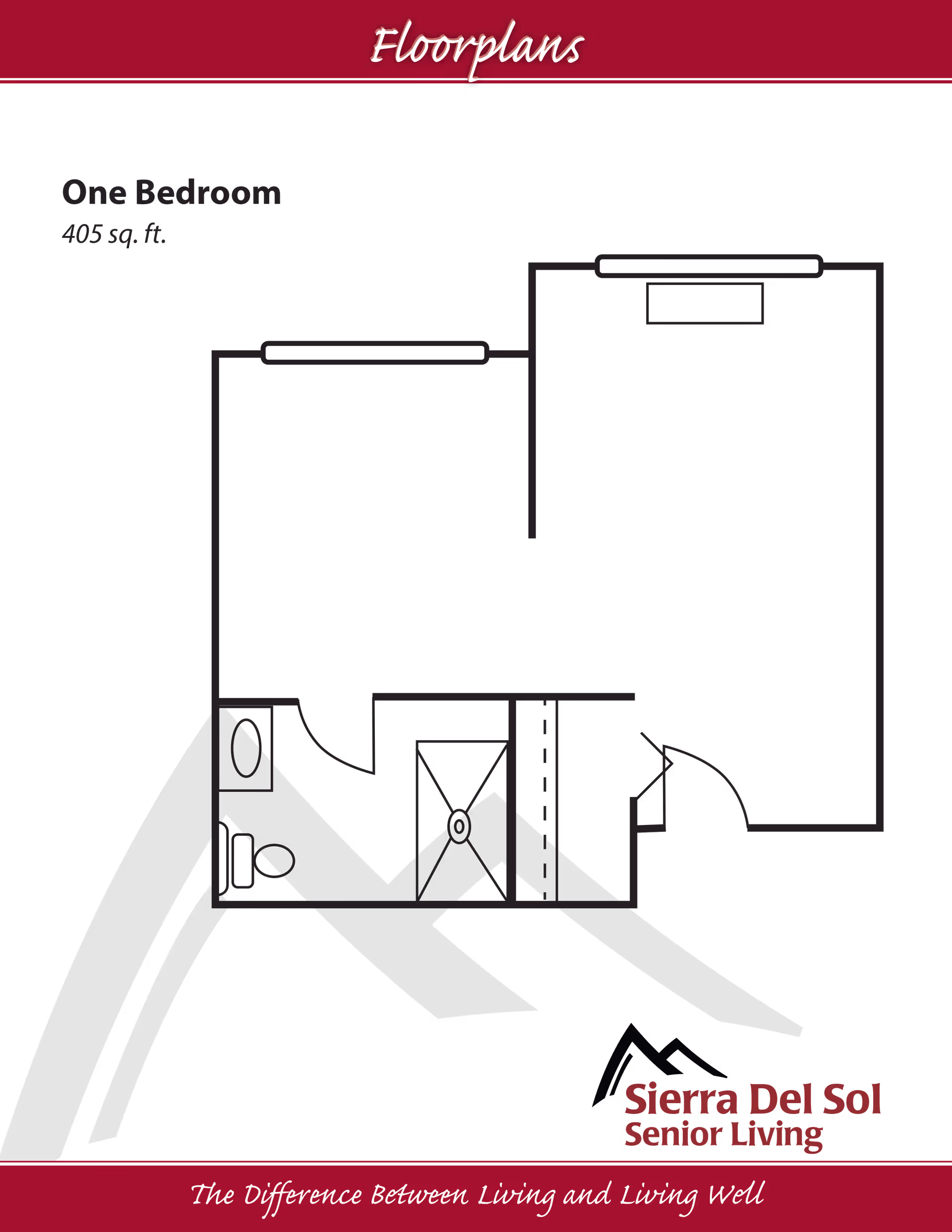 Floor plan of a one-bedroom apartment with 405 square feet, showing a layout including a bedroom, bathroom, and closet space. The image includes the Sierra Del Sol Senior Living logo and the tagline 'The Difference Between Living and Living Well.'