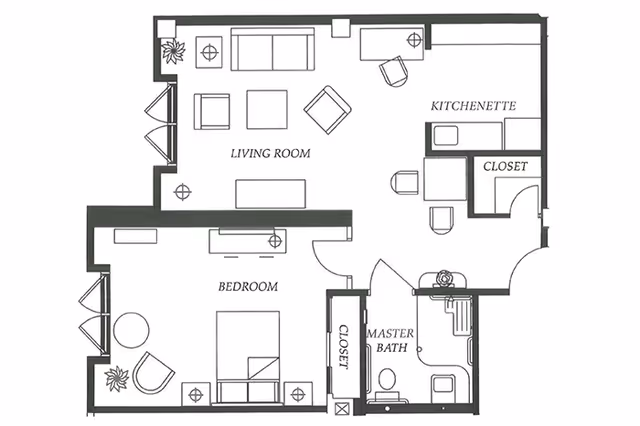 Architectural floor plan of a senior living unit at MorningStar of Pasadena showing a bedroom with a bed, chair, and plants; a living room with sofa, chairs, and tables; a kitchenette with appliances and a closet; and a master bathroom with a toilet, sink, and shower.