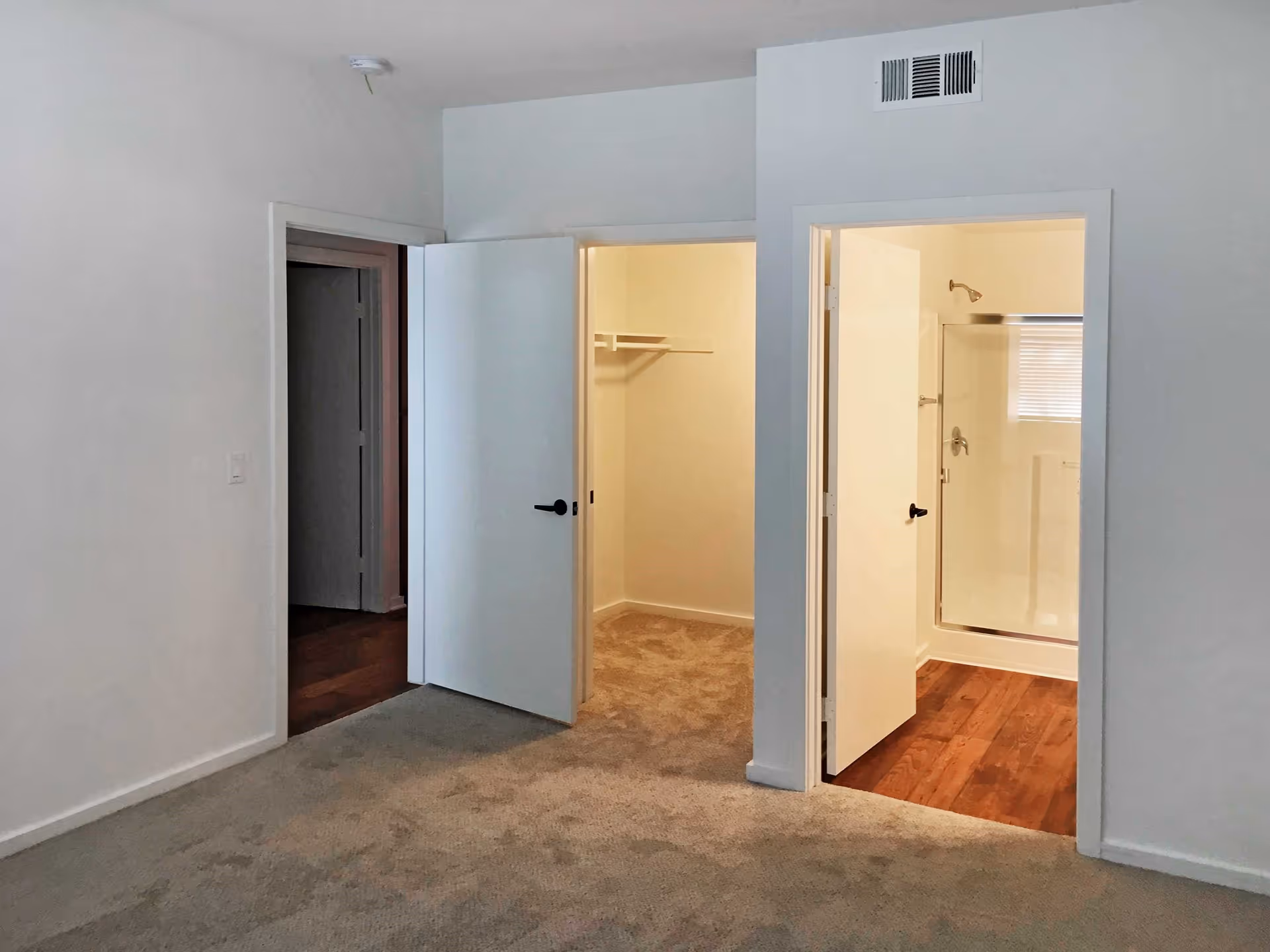 Interior view of a room with beige carpet and white walls featuring three open doors. The left door leads to a hallway with wooden flooring, the middle door opens to a walk-in closet with a shelf and hanging rod, and the right door reveals a bathroom with a glass shower enclosure and wooden flooring.