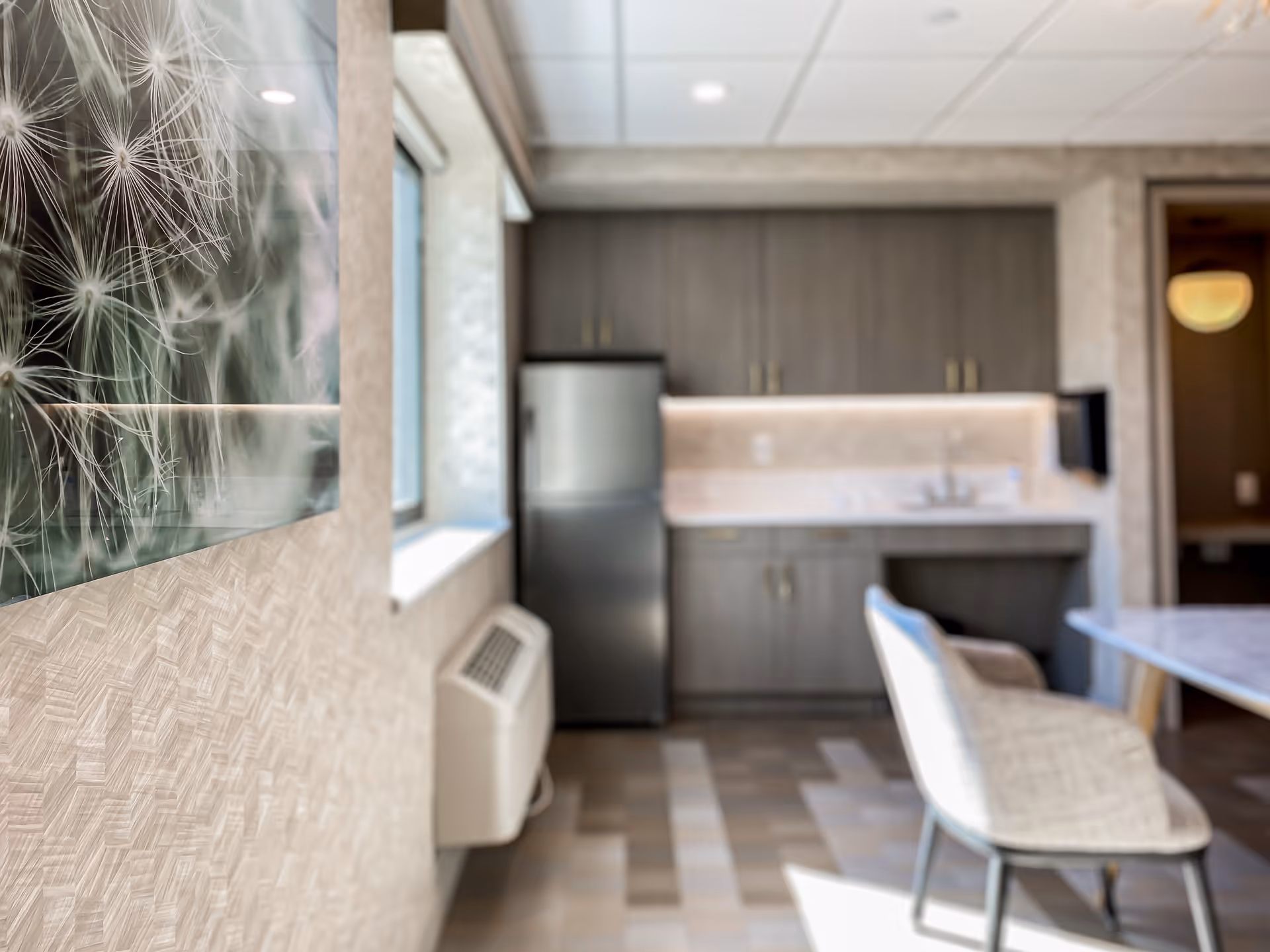 A modern kitchen area with gray cabinets, a stainless steel refrigerator, a countertop with a sink, and a chair positioned near a table. There is a large window letting in natural light and a wall-mounted air conditioning unit below the window. A close-up of a dandelion artwork is visible on the left wall.