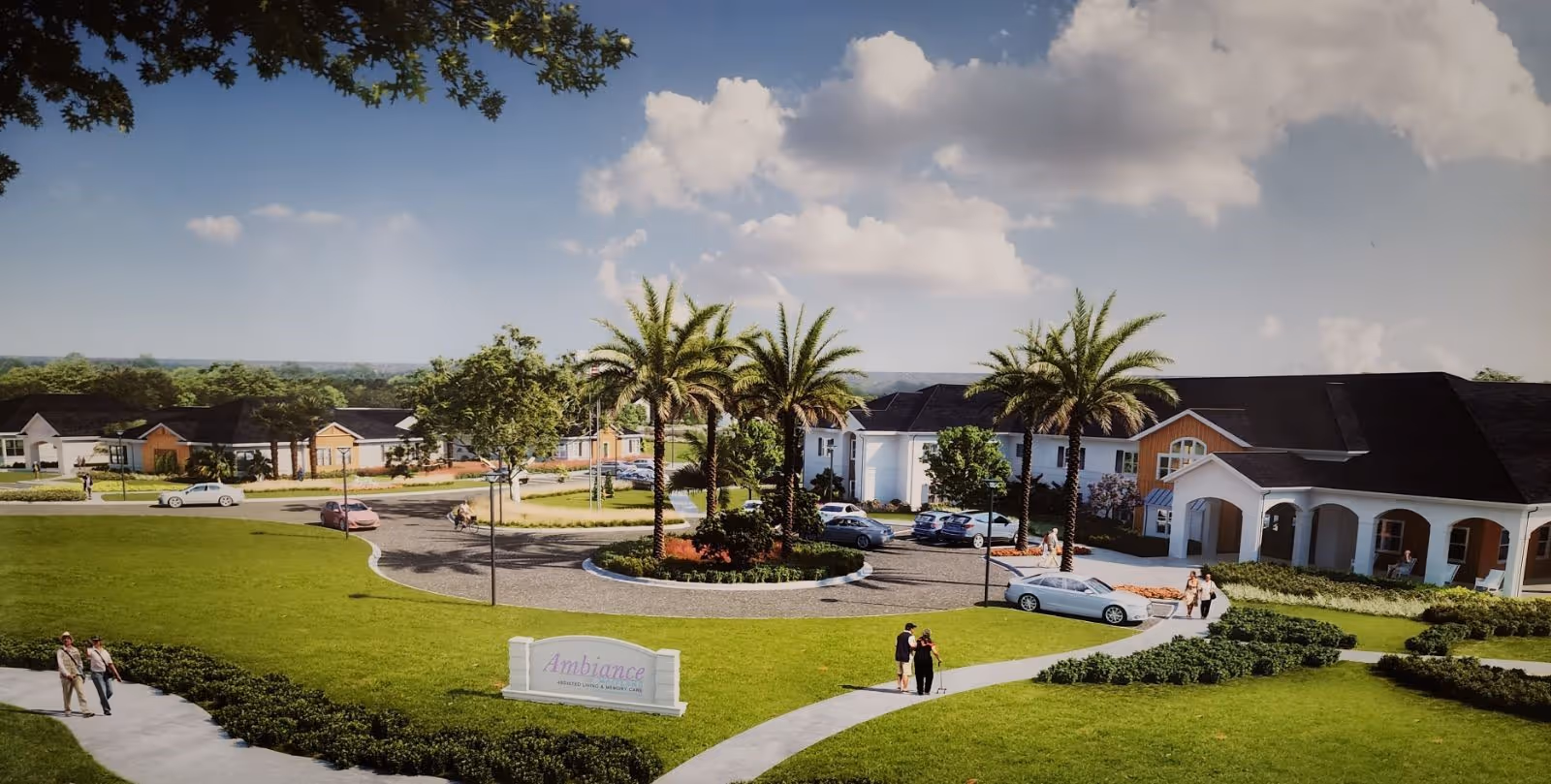 Front view of Ambiance at Maitland senior living campus with a circular driveway, palm trees, entrance building, and people walking on the lawn.