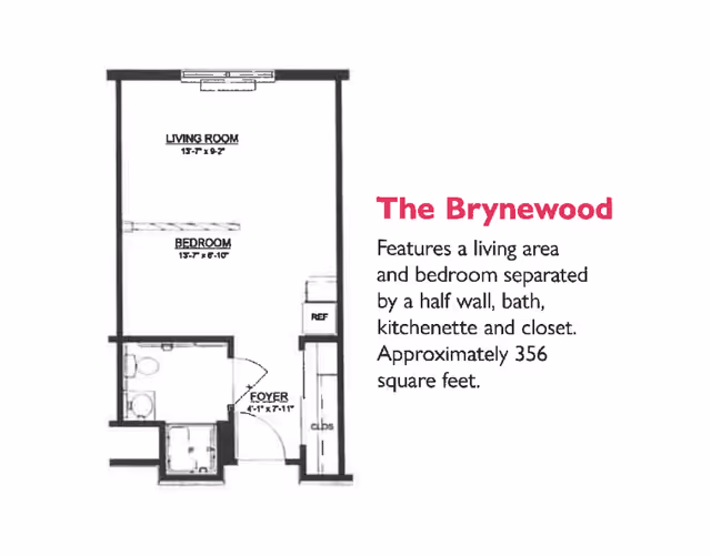 Floor plan of The Brynewood unit at Lehigh Commons showing a living room, bedroom separated by a half wall, bath, kitchenette, closet, and foyer. The living room measures 13 feet 7 inches by 9 feet 2 inches, and the bedroom measures 13 feet 7 inches by 6 feet 10 inches. The unit is approximately 356 square feet.