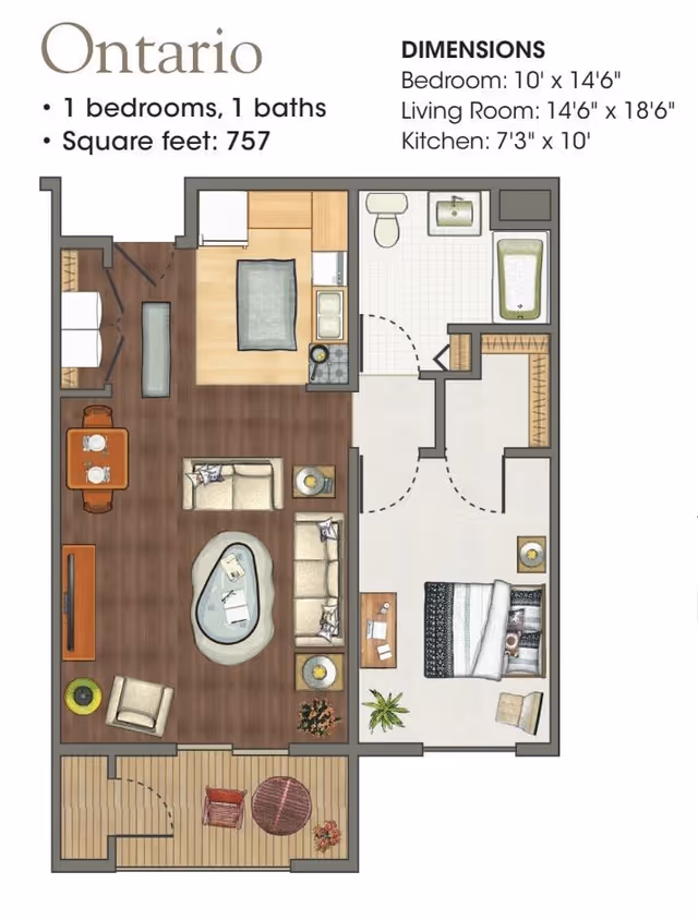 Floor plan of a one-bedroom, one-bath apartment named Ontario with 757 square feet. The layout includes a bedroom, living room, kitchen, bathroom, and a balcony. The bedroom has a bed, nightstand, and chair. The living room features a sofa, armchair, coffee table, TV, and dining table with chairs. The kitchen is adjacent to the living room and bedroom. The bathroom includes a bathtub, toilet, and sink. The balcony has outdoor seating and a small table.