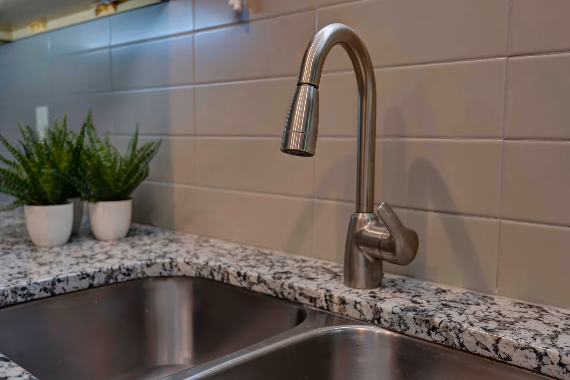 Close-up view of a modern kitchen sink with a stainless steel faucet, granite countertop, and two small potted green plants on the left side against a tiled backsplash.