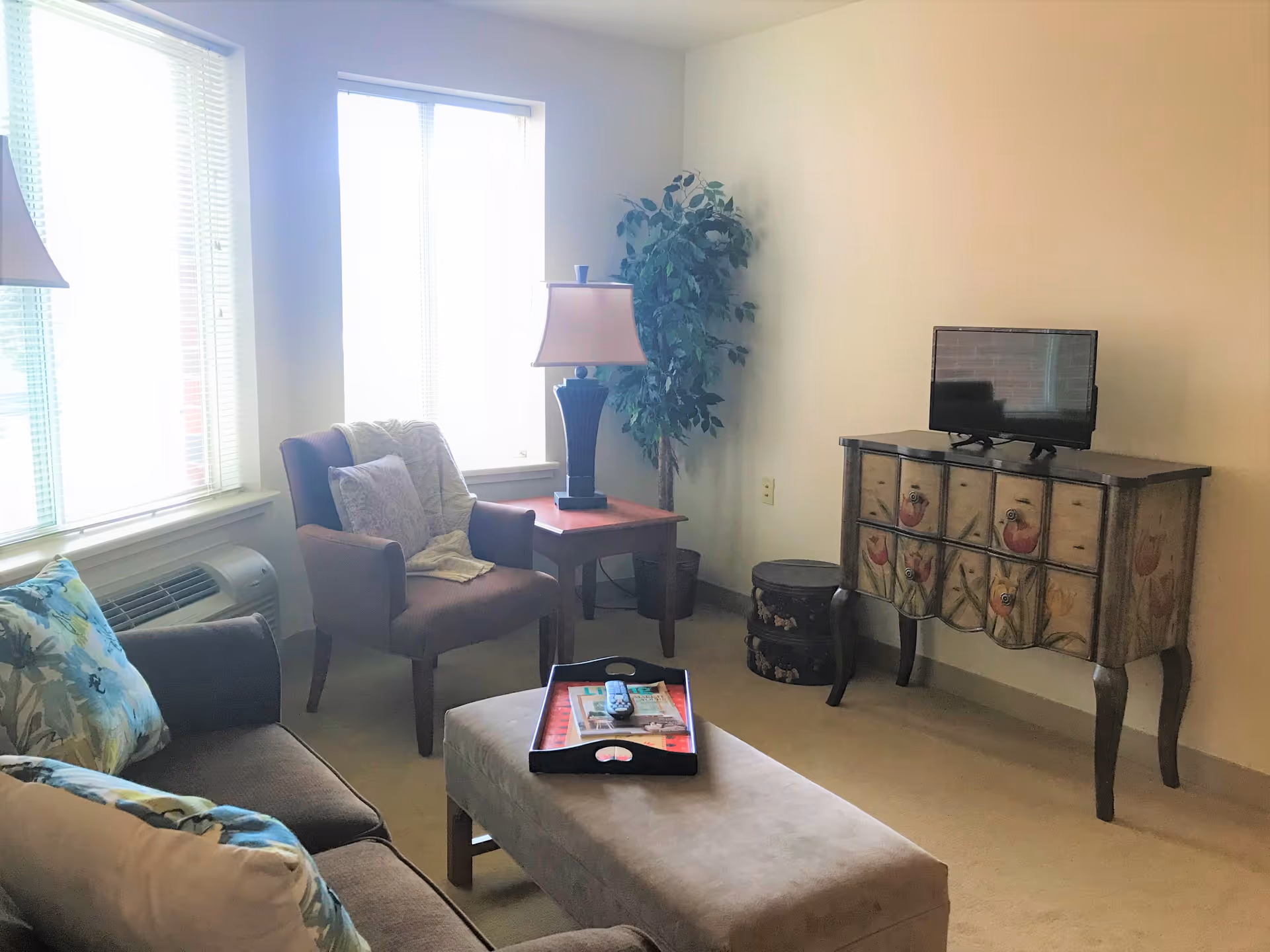 A cozy living room in a senior living facility with a brown sofa adorned with floral pillows, a matching armchair with a throw blanket and pillow, a wooden side table with a lamp, a decorative plant in the corner, a small TV on a painted wooden cabinet, and a cushioned ottoman with a tray holding a remote and magazines.
