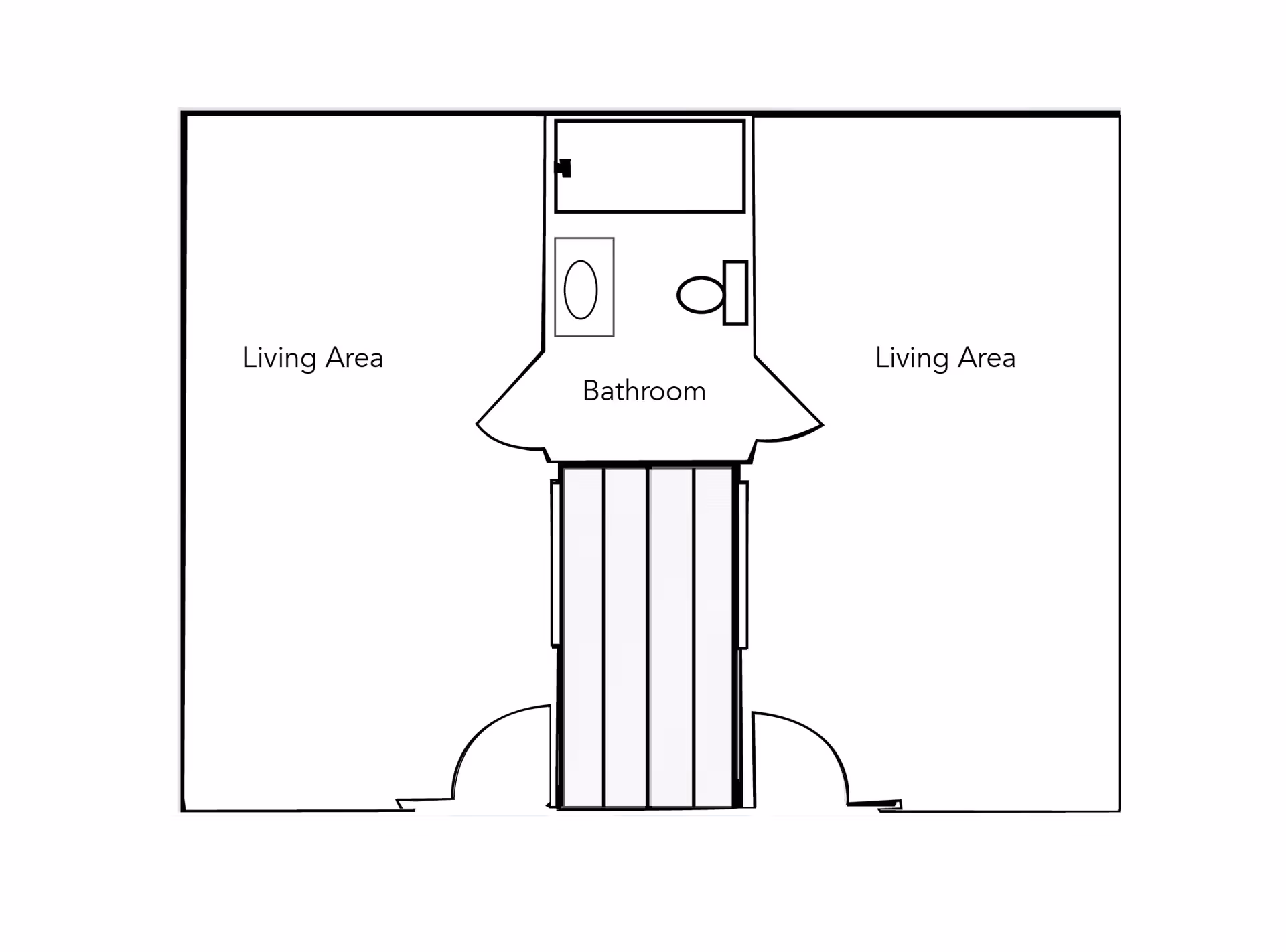 A simple black and white floor plan showing two living areas on either side of a centrally located bathroom. The bathroom includes a bathtub, sink, and toilet. There are two doors at the bottom leading into the living areas.