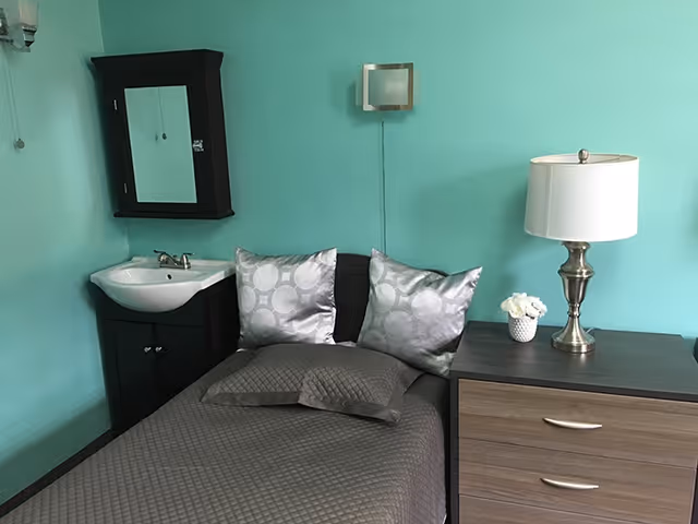 Small bedroom with a single bed topped by decorative pillows, a bedside dresser and lamp, and a corner sink with mirrored cabinet against a teal wall.