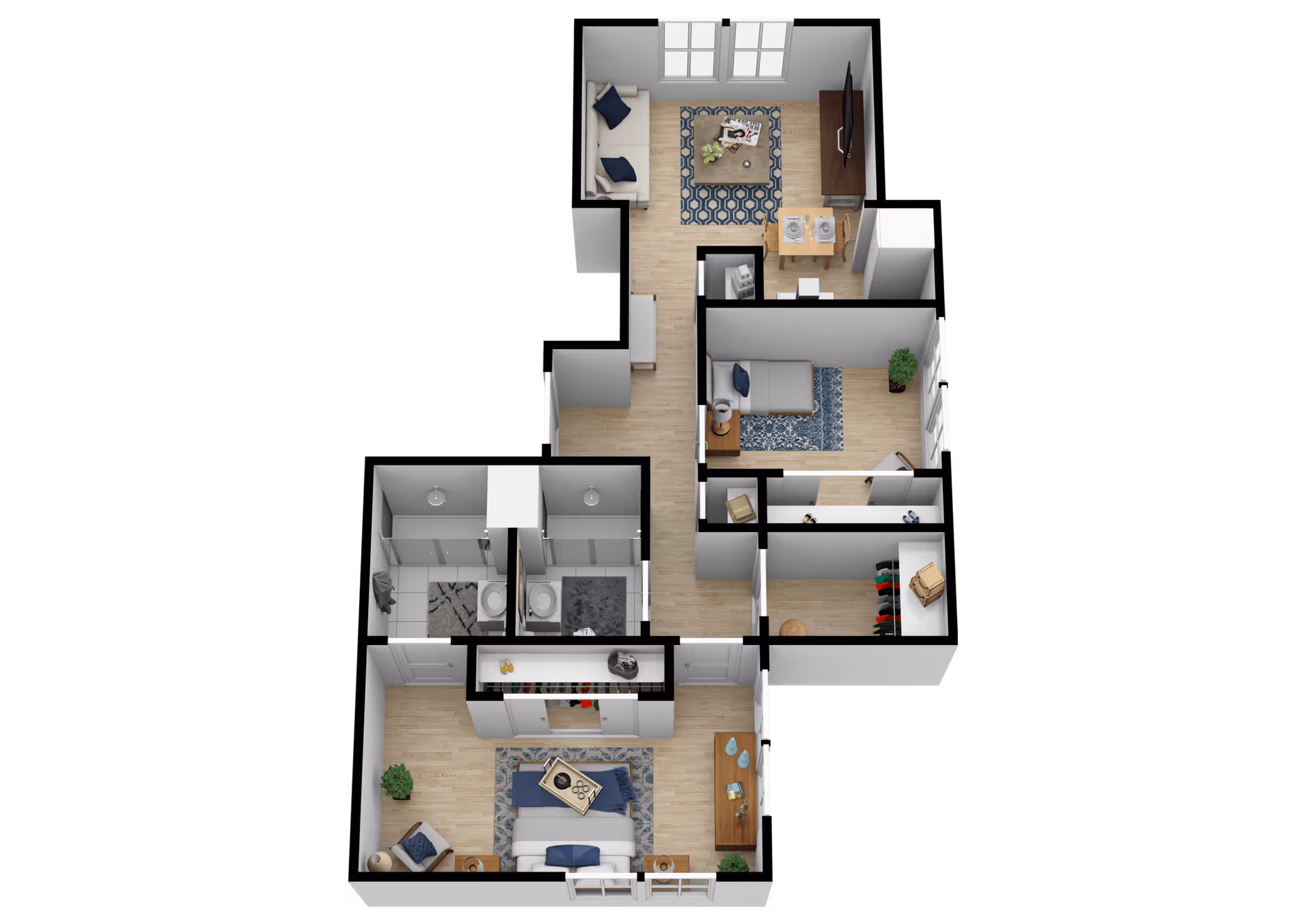 3D floor plan of an apartment at Dunwoody Place showing a bedroom with a bed, chair, and dresser; two bathrooms with sinks and toilets; a living room area with a sofa, coffee table, and TV; a dining area with a table and chairs; and a small bedroom with a bed and nightstand. The layout includes hallways and closets.